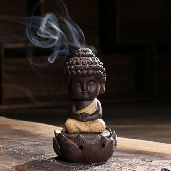 Porte Encens Bouddha<br> Fleur de Lotus Moine Bouddhiste - Jaune