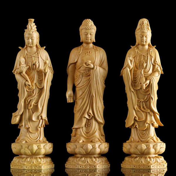 Statue Bouddha<br> et Bodhisattva debout en bois - 3 pièces / 20cm