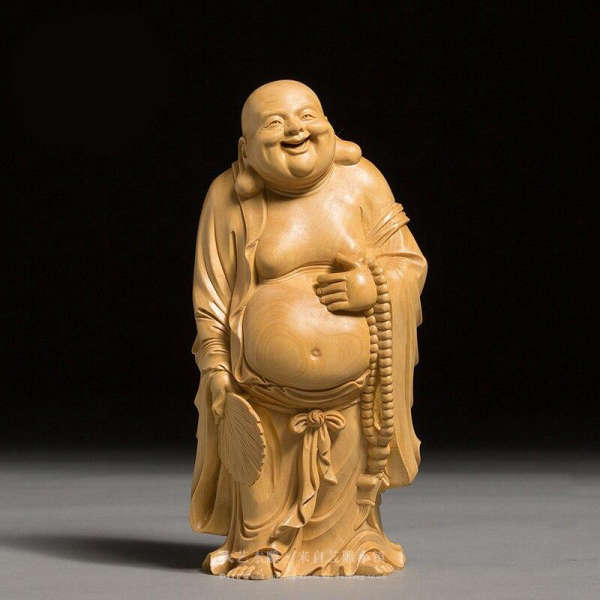 Statue Bouddha rieur debout en bois - [variant_title]