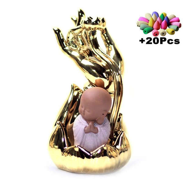 Porte Encens Bouddha<br> Main de Bouddha dorée - Moine Rose