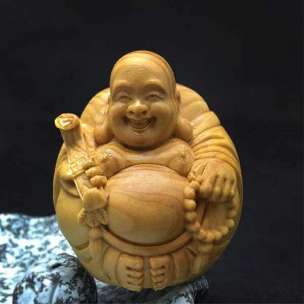 Statue Bouddha<br> bois naturel Bouddha Rieur - Bouddha Rieur