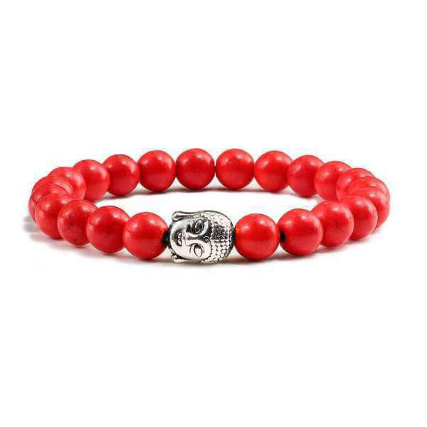 Bracelet Bouddha<br> Turquoise naturelle - Rouge Argent