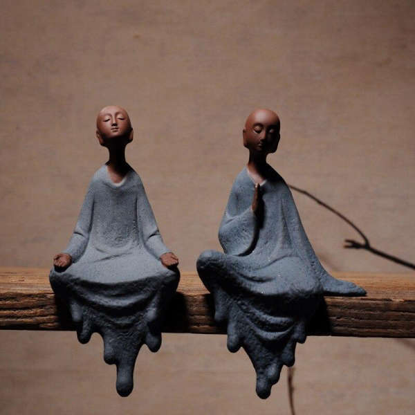 Statue Bouddha<br> moine Bouddhiste rebord étagère - Duo