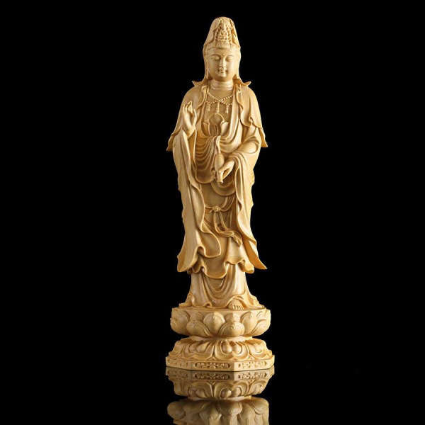 Statue Bouddha<br> et Bodhisattva debout en bois - Avalokiteśvara / 20cm