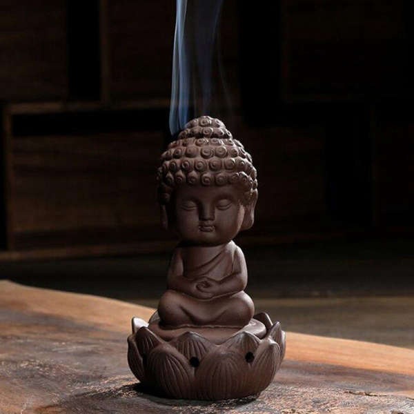 Porte Encens Bouddha<br> Fleur de Lotus Moine Bouddhiste - Brun