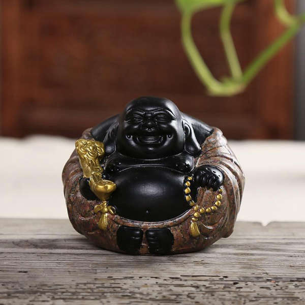 Statue Bouddha<br> Bouddha Rieur en céramique noire - Or