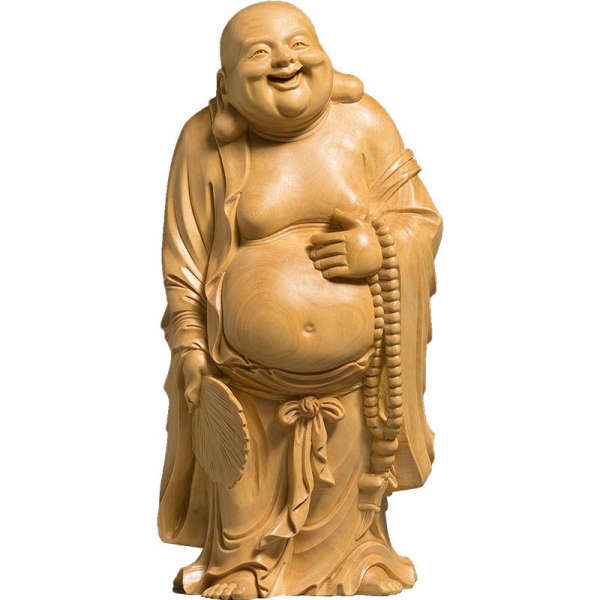 Statue Bouddha rieur debout en bois - [variant_title]