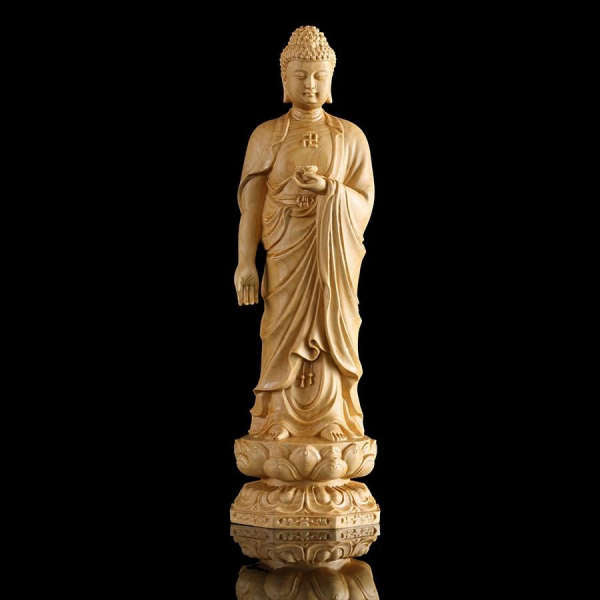 Statue Bouddha<br> et Bodhisattva debout en bois - Bouddha Amitabha / 20cm