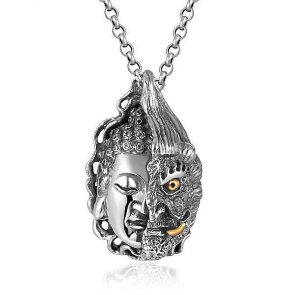 Pendentif Bouddha argent massif<br> Visage du Bouddha et du Diable - [variant_title]