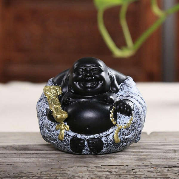 Statue Bouddha<br> Bouddha Rieur en céramique noire - Argent