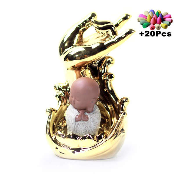 Porte Encens Bouddha<br> Main de Bouddha dorée - Moine Vert