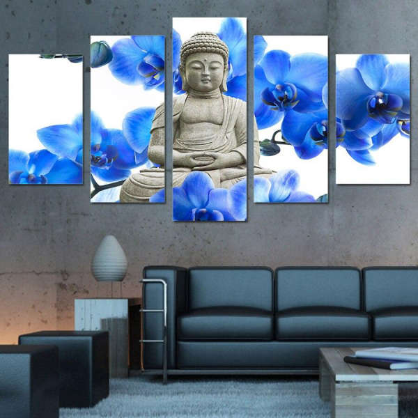 Tableau Bouddha<br> Orchidée bleue et statue - [variant_title]