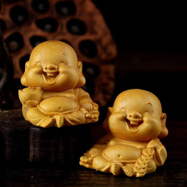 Statue Bouddha rieur<br> caricature bois - [variant_title]