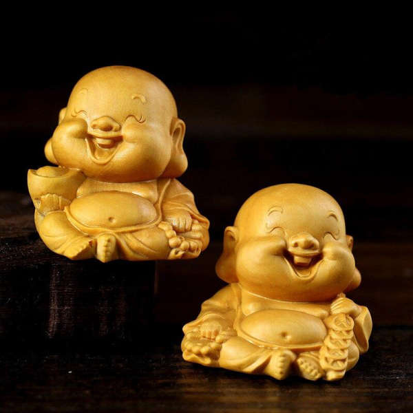 Statue Bouddha rieur<br> caricature bois - [variant_title]