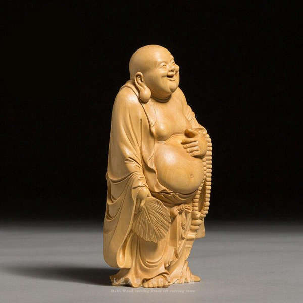 Statue Bouddha rieur debout en bois - [variant_title]