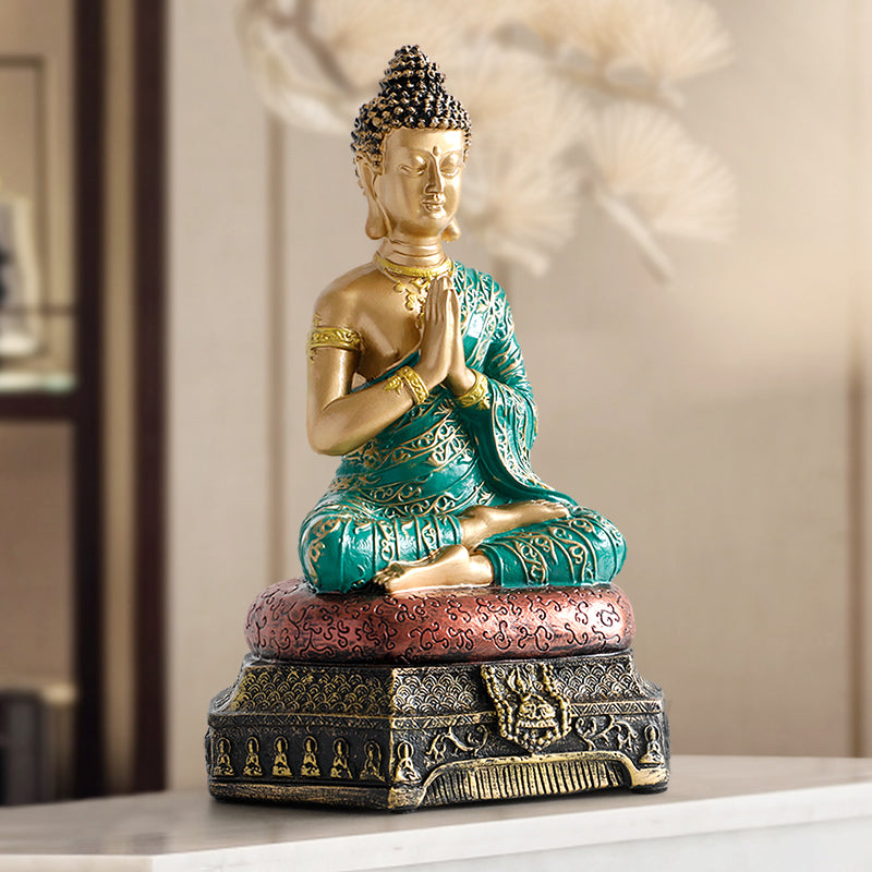 Sculpture Décorative Bouddha Pierre Artificielle Doré Vert Menthe - Hauteur 41,5 Cm, Symbole Sérénité